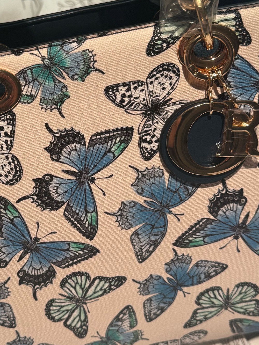 Butterfly Print Handbag Set in Blue & Beige Like New